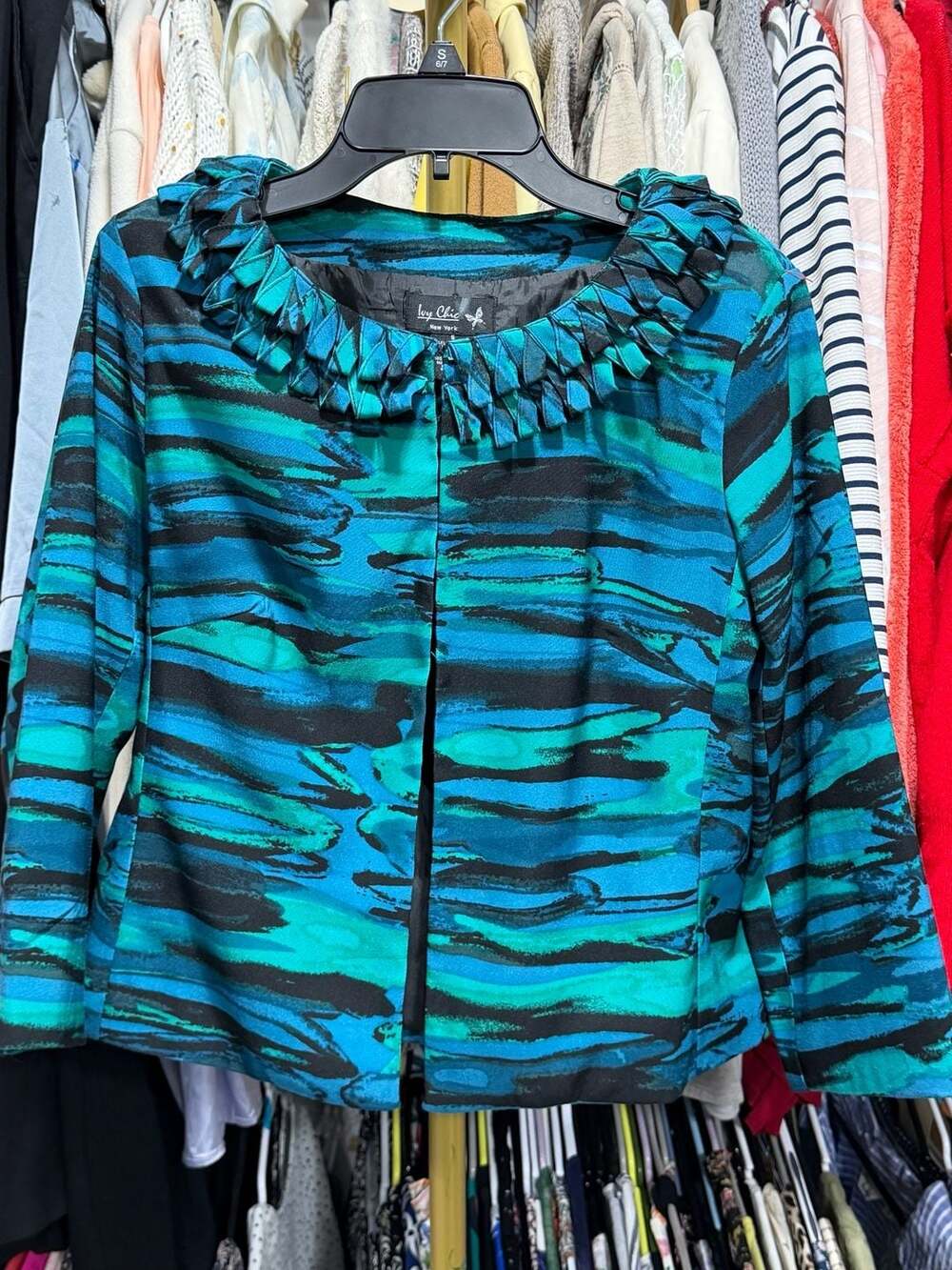 By Chic Jacket Size S Blue Black Abstract Ruffle Collar Blazer